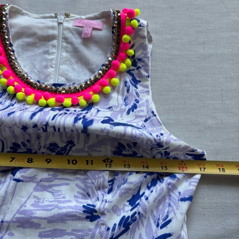 Sleeveless Blue & White Printed Shift Dress with Beaded Neckline - Picture 6 of 10